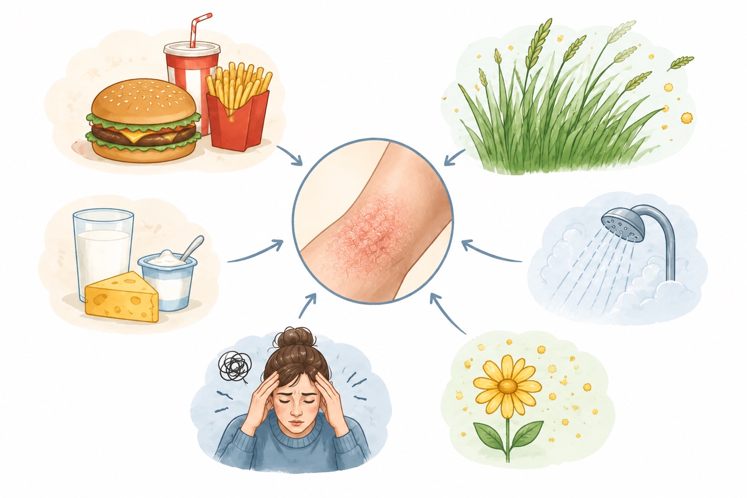 Illustration of common eczema triggers — processed food, dairy, chronic stress, grass and allergies, hot showers, pollen — all pointing at a patch of eczema on an arm